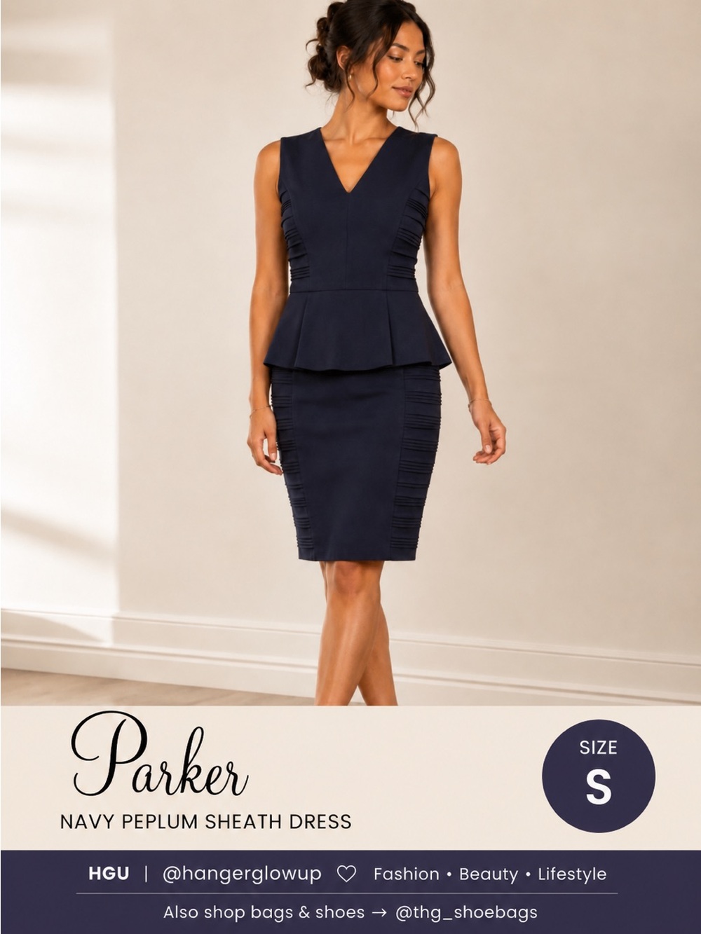 NWT Parker Navy Peplum Sheath Dress Pintuck V-Neck Designer Size S